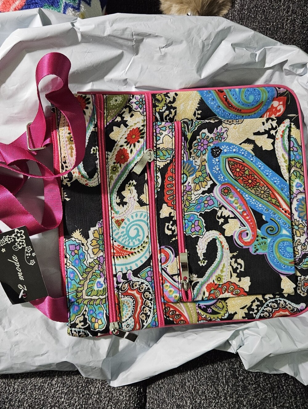 Colorful Paisley Crossbody Bag with Pink Trim Made by 2 Moda